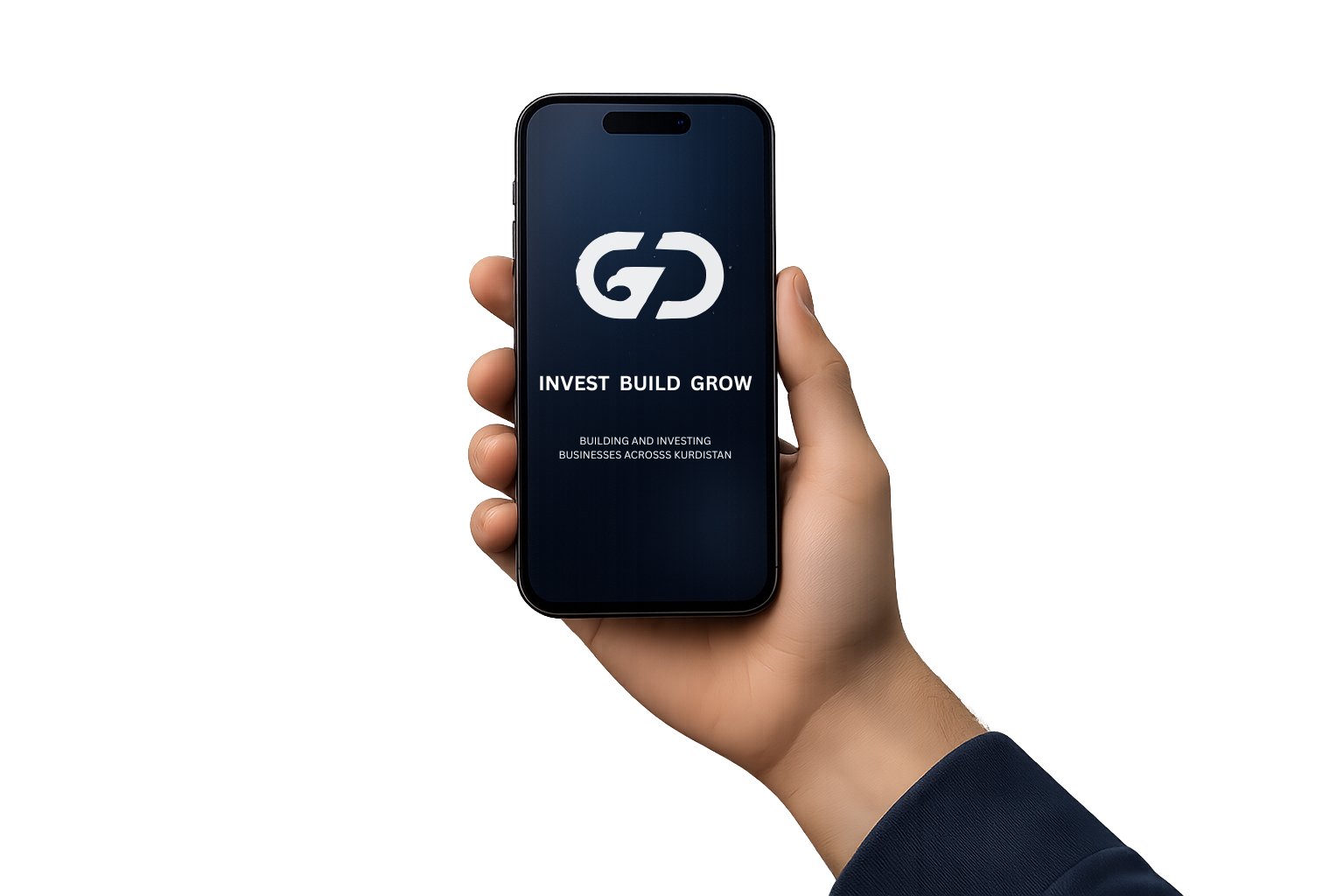 Hand holding a phone displaying the Grand Dola brand